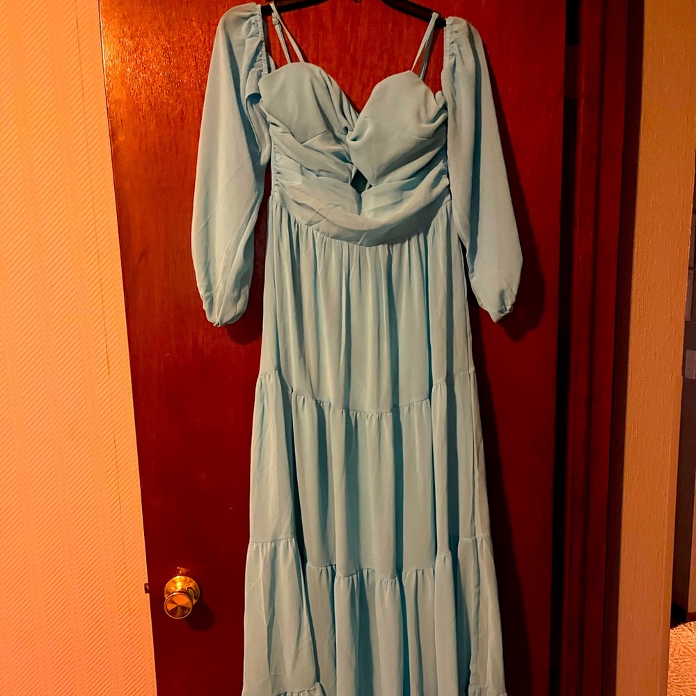 Baby blue full length dress off the shoulder sheer sleeves